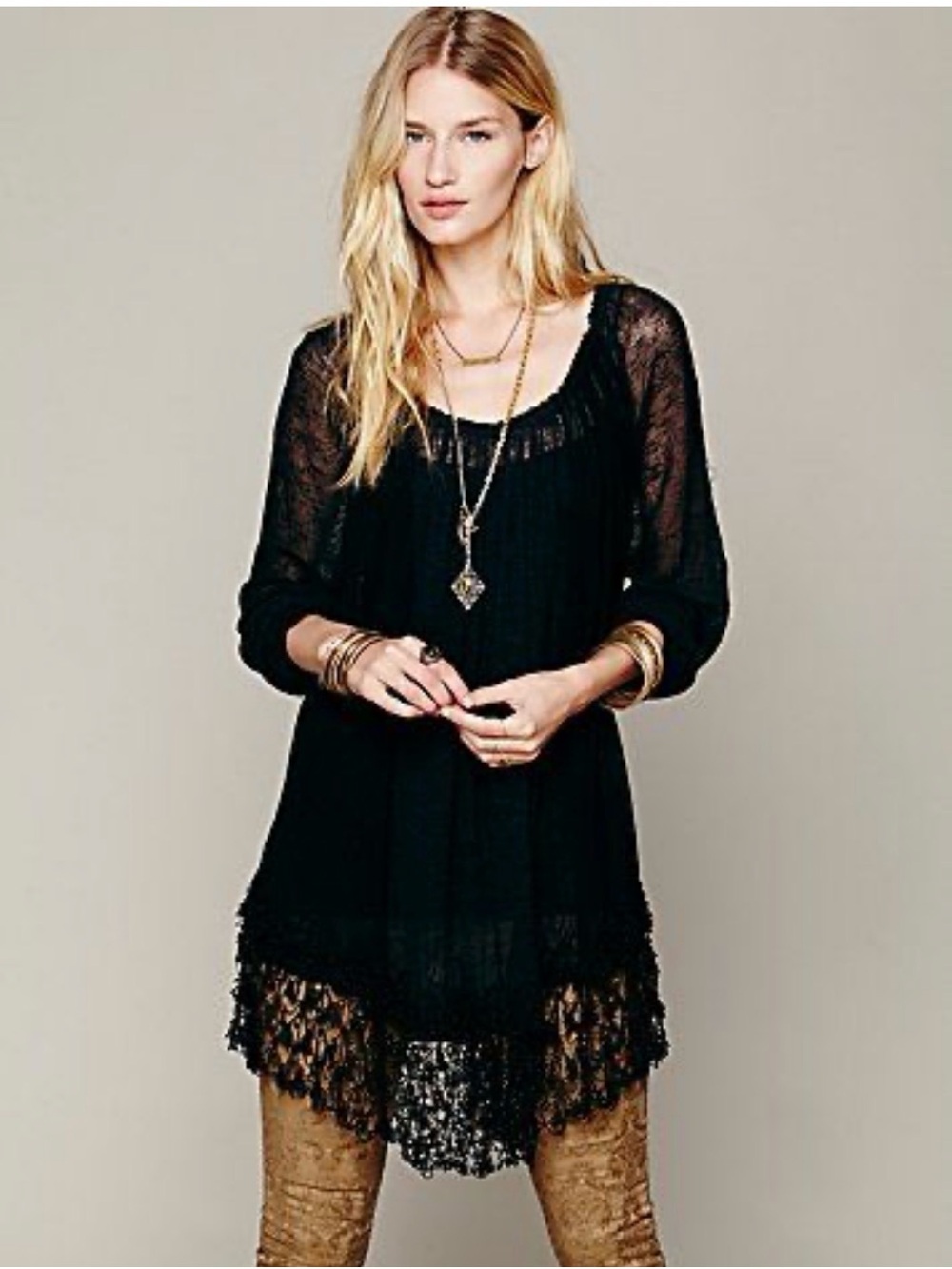 Free People Sheer Textured Lace Bottom Tunic Dress Black Linen Blend Size Small